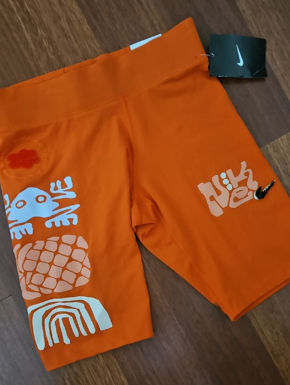 NIKE Rush Orange Bike Shorts Tight Fit Cotton Blend Graphic Pineapple Frog LOVE